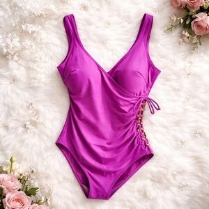 Ocean Jewel 18W Purple Faux Wrap One Piece Swimsuit Gold Ring Ruched Plus Size